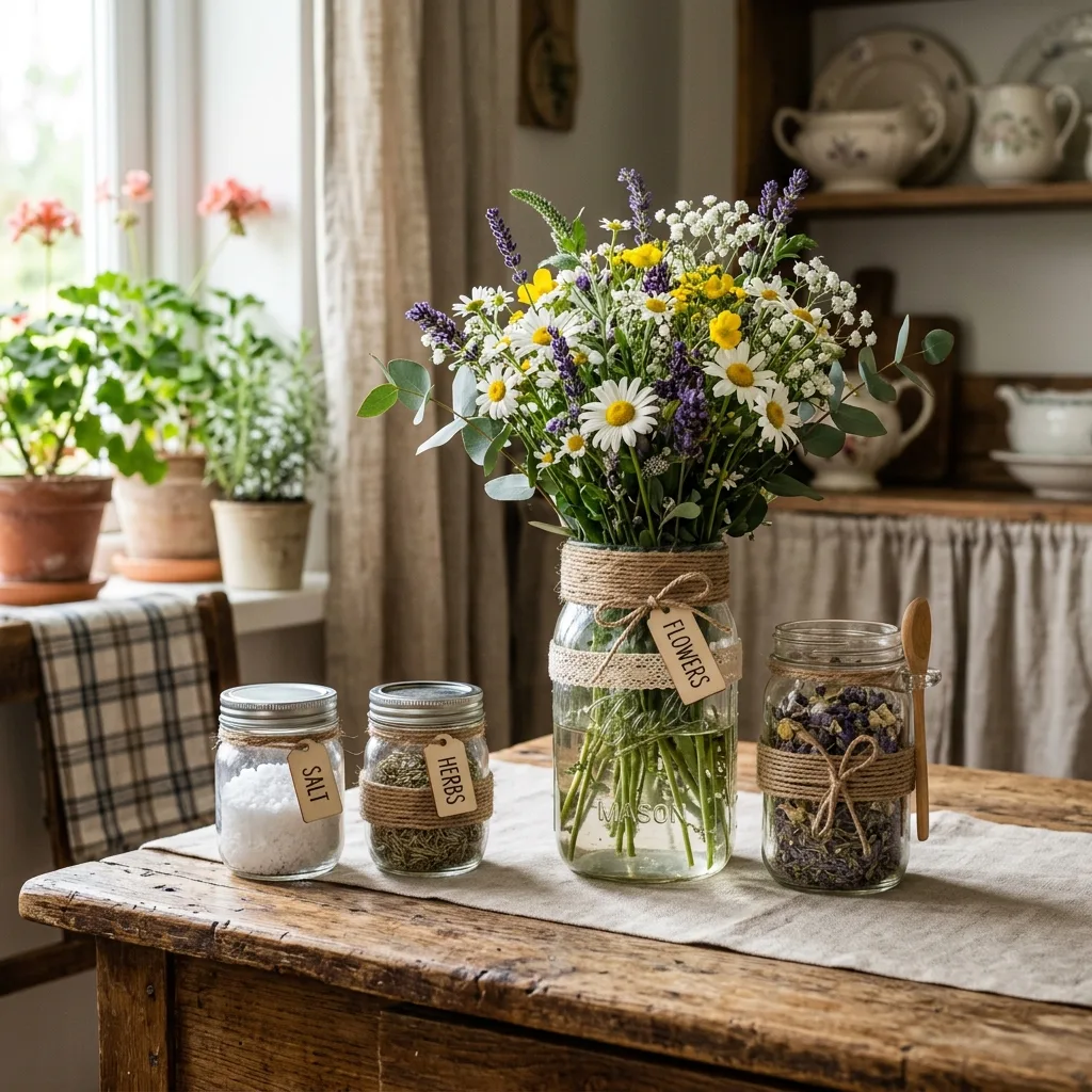 Mason jar farmhouse decor setup on a wooden table